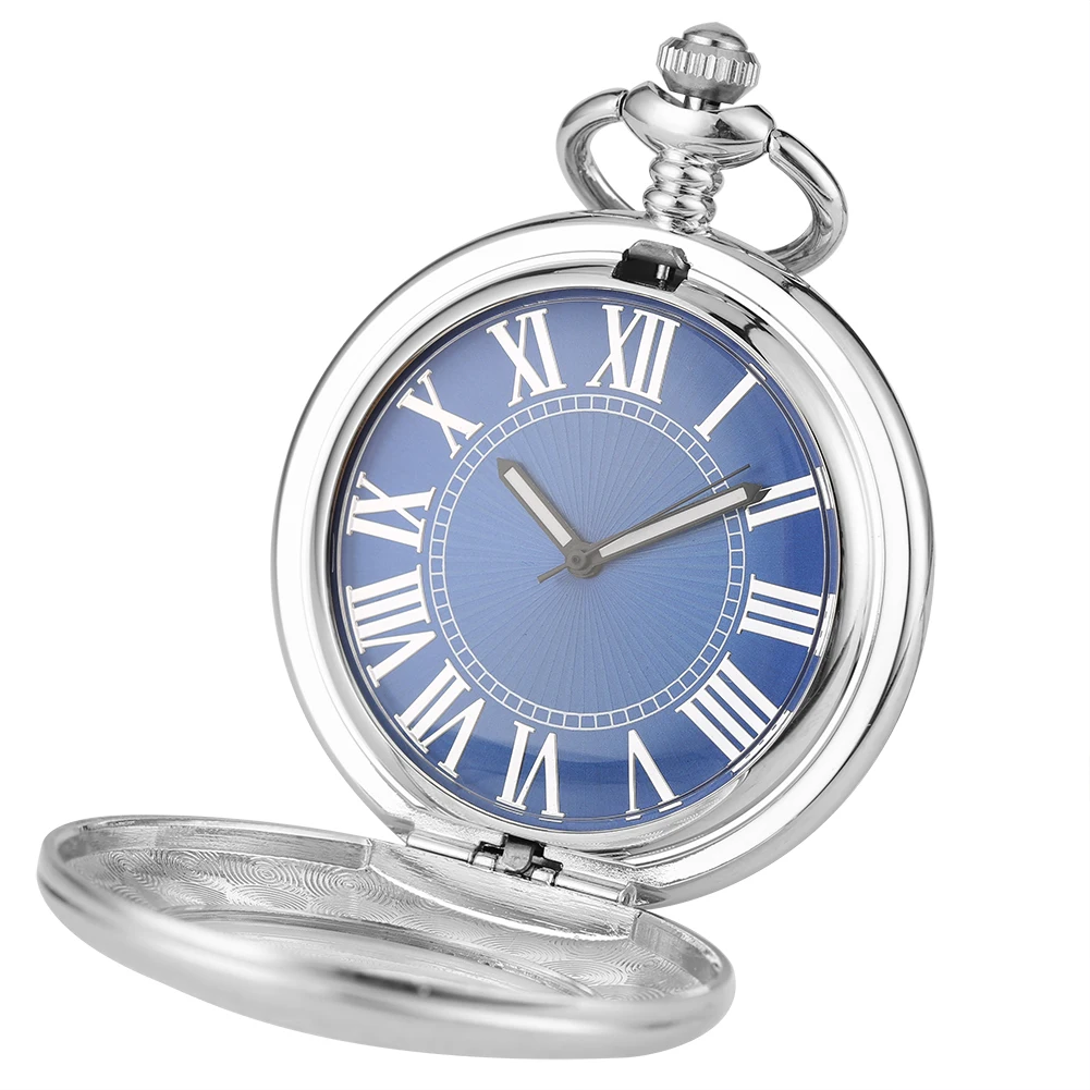 Transparent Glass Roman Numerals Blue Dial Automatic Mechanical Pocket Watch Silver Fob Chain Pendant Pocket Clock Vintage Gift