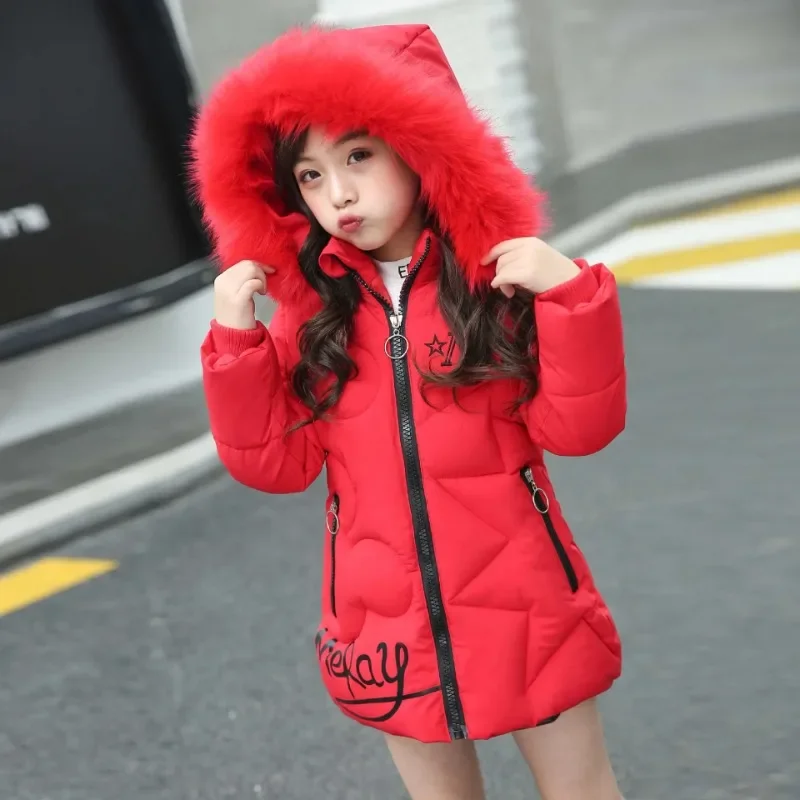 

Зимняя теплая куртка для девочек-подростков большого размера, длинная стильная ветровка с капюшоном и надписью, пальто для детей, детская Рождественская верхняя одежда
