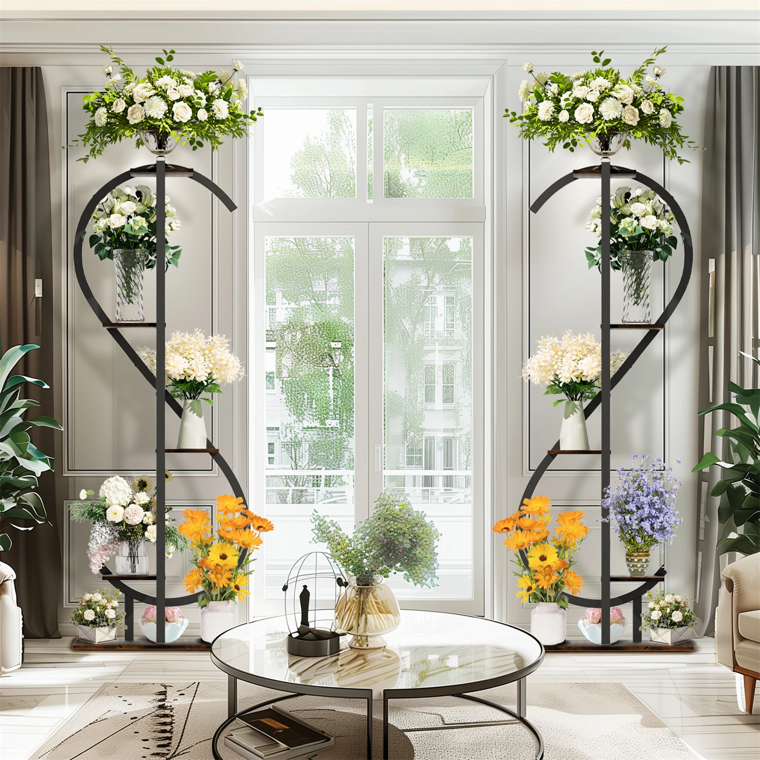 153CM Tall S-Shaped Vertical Plant Stand Multilayer Garden Flower Pot Stand Display Holder Wood and Metal