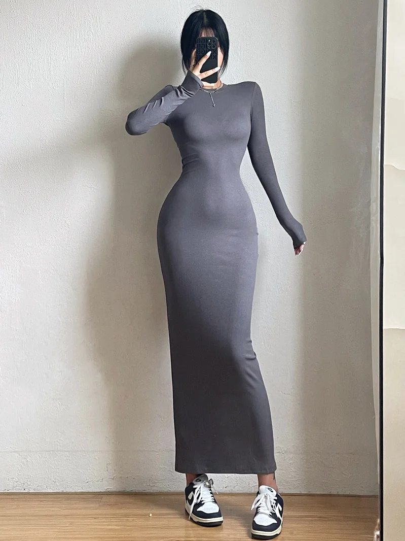 WOMENGAGA Simple Maxi Long Dress Round Neck Long Sleeve Tight Slim Maxi Dresses Elegant Fashion Korean Women Robe DEH8