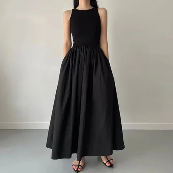 Robe longue noire femme col rond sans manches taille haute