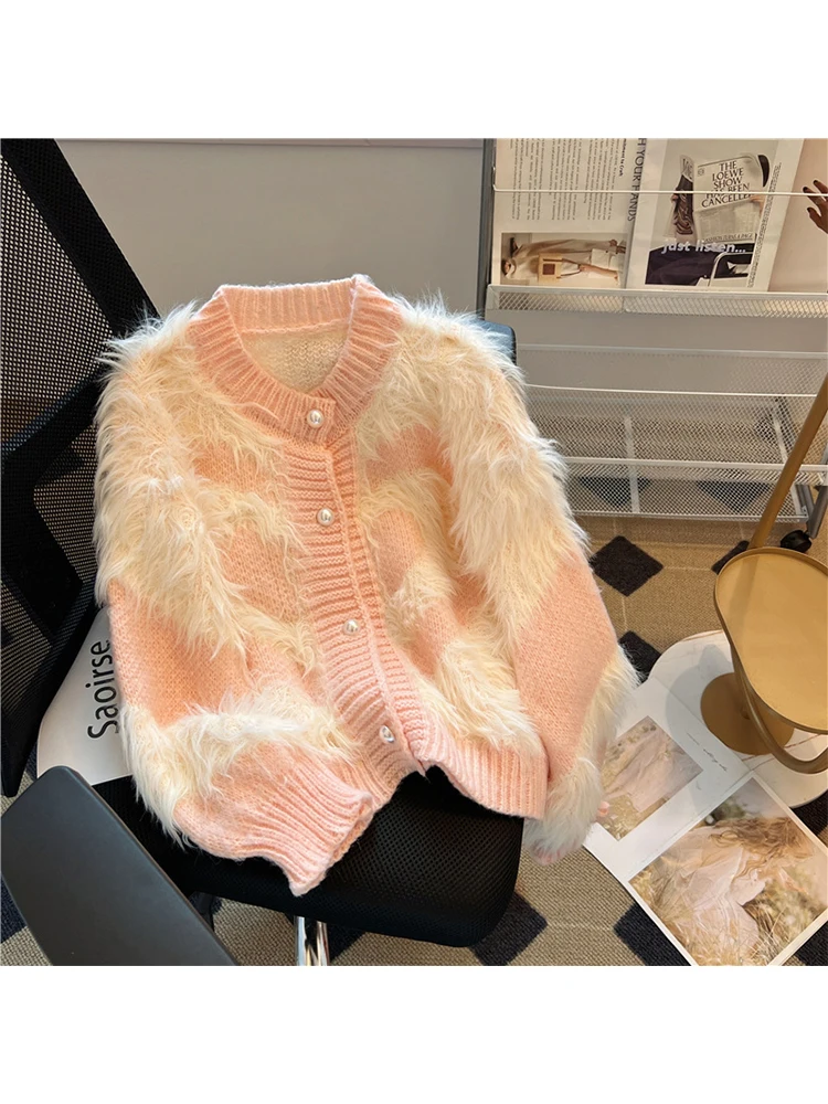 

Women's Pink Mohair Cardigan Knitted Sweater Vintage Harajuku Kawaii Korean Y2k 90s Aesthetic Long Sleeve Sweaters 2000s Clothes