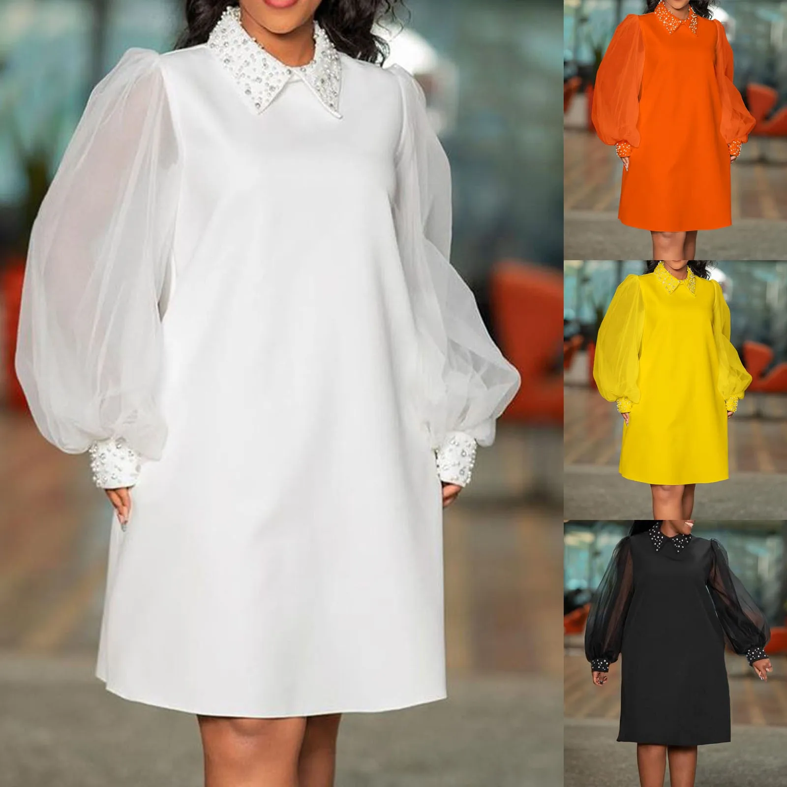 

Women's Casual Solid Colour Translucent Mesh Long Sleeve Dresses Elegant Lapel Loose Dresses Fashion Versatile Party Dresses