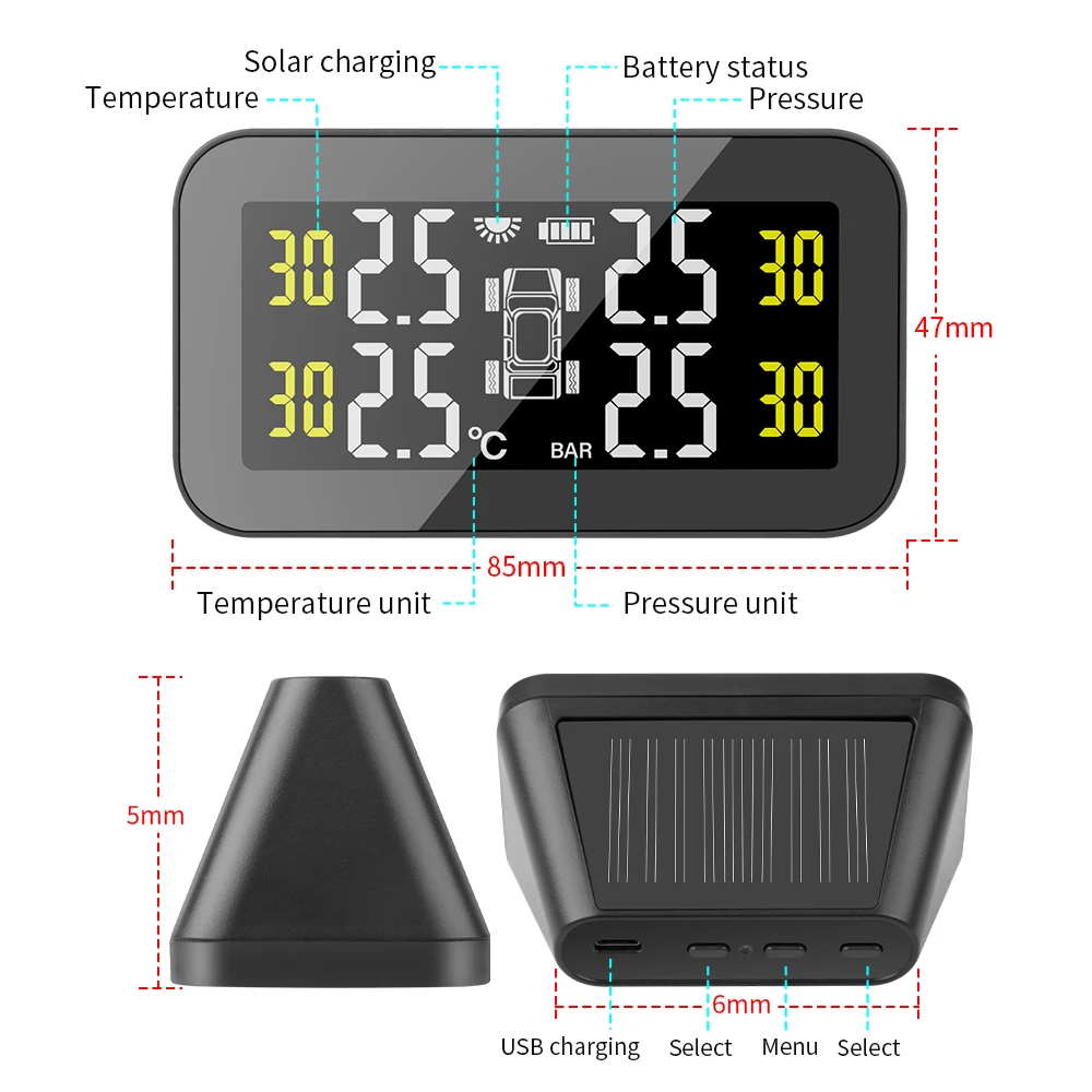 Tire Pressure Monitoring System Temperature Warning Fuel Save Solar TPMS Car Tyre Pressure Monitor Air Gauge car tire pressure monitor car tire pressure sensor
