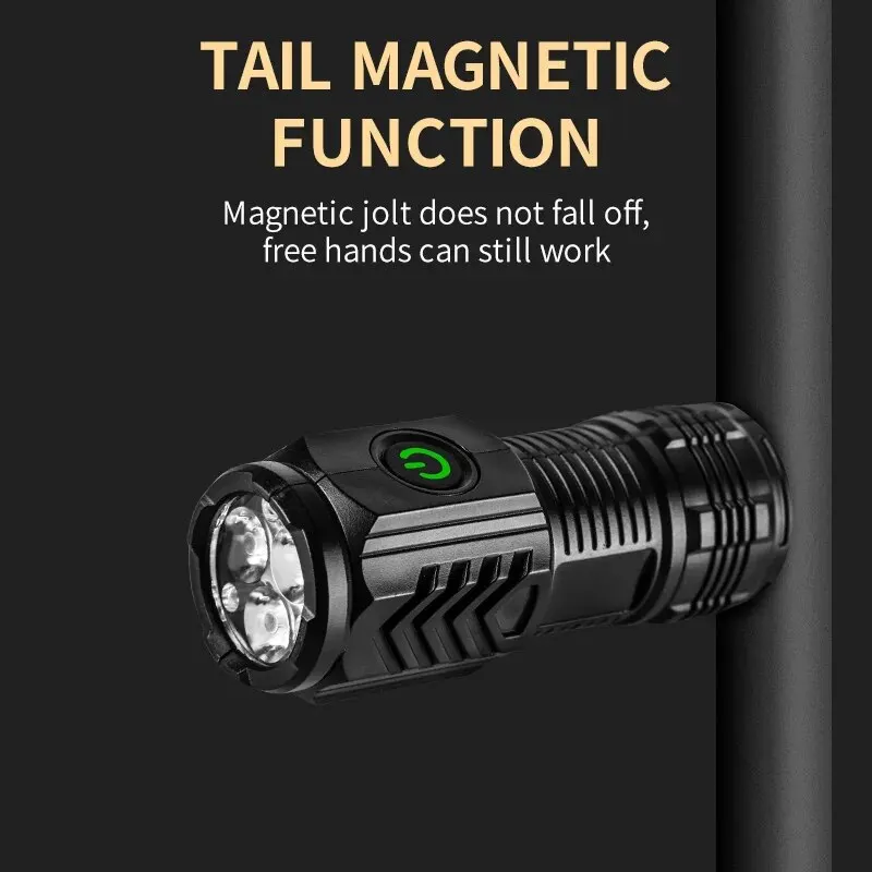 초강력 LED 미니 전술 손전등, USB 충전식 고출력 LED 토치, 자석 핸드 램프 포함, 3 코어, 신제품