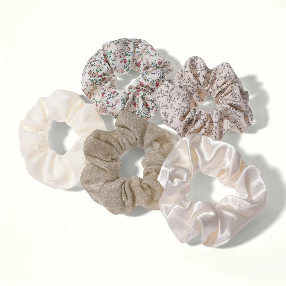 Floral & Leopard Print Hair Scrunchies Set - Pack of 5, No-Crease Elastic Ponytail Holders in Pink & Purple
