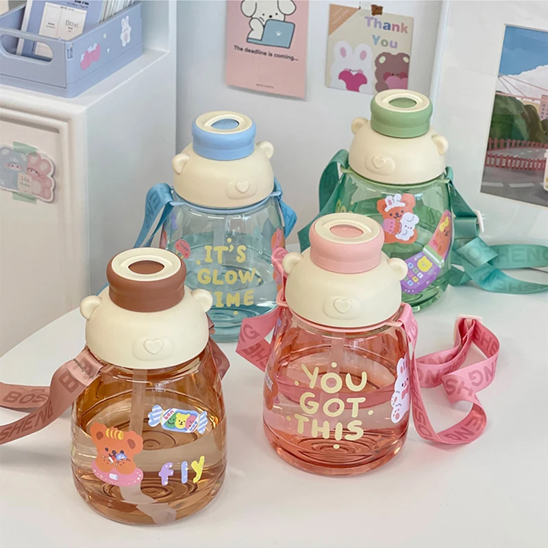 Dreamfocus Bear Water Bottles, Bear Cup with Straw, Cute Charms and Strap  for School Gifts