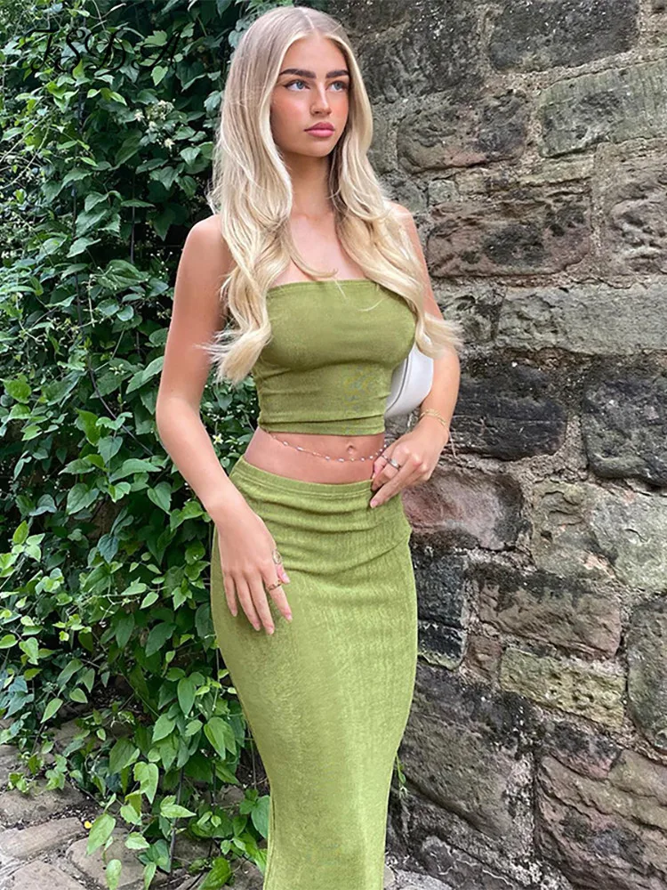 

FSDA 2022 Summer Strapless Crop Top Green Midi Bodycon Skirts Y2K Women Set Sexy Outfits Party Clubwear