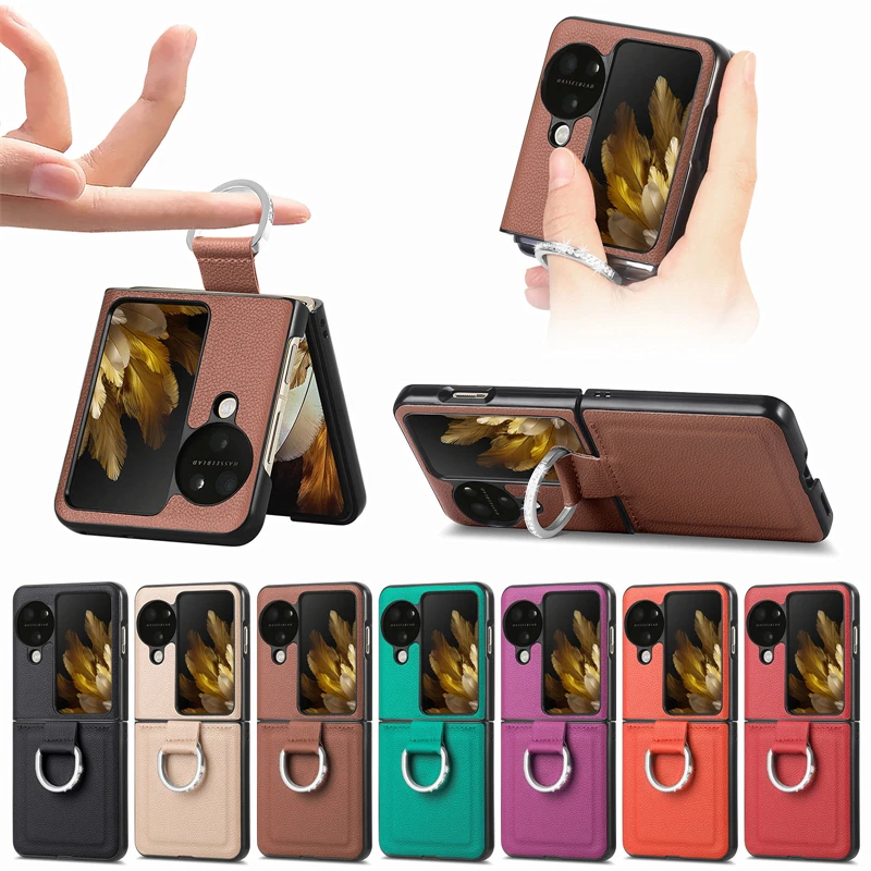 N3 Flip Metal Ring Diamond Holder Shell Per Oppo Find N3 Flip Retro Lychee Design Custodia Posteriore In Pelle