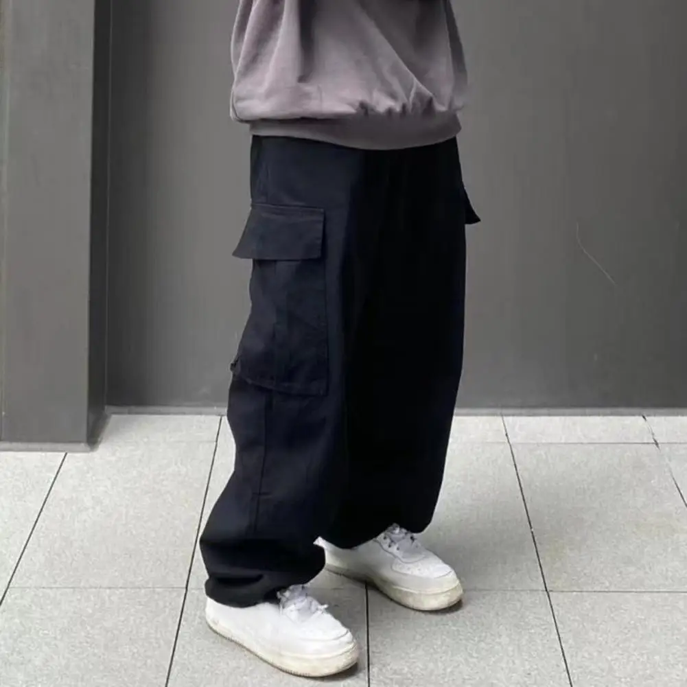 Description Picture 4 of itemMen Cargo Pants Elastic Waist Loose Wide Leg Solid Color Multi Pockets Retro Straight Breathable Workwear Bottoms Long Trousers