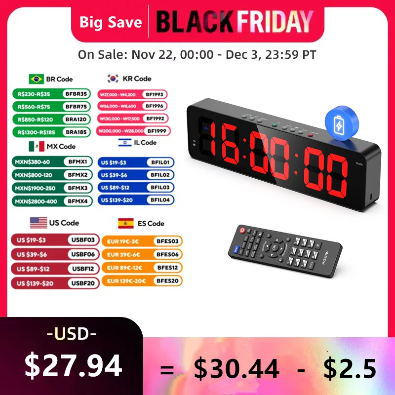 Gym Timer with Remote 11''x 3.5''Ultra-Clear Interval Timer with LED Countdown/Up Wall Clock  Power Fitness Timer Stopwatch