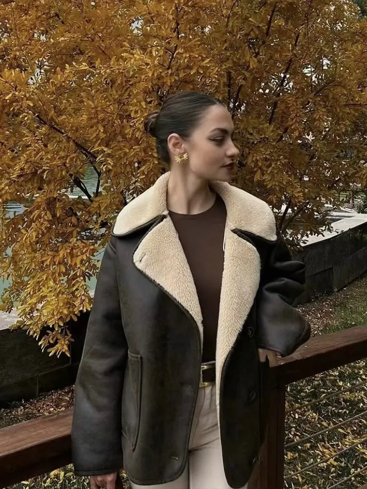 HH Autumn Winter Women Warm Faux Leather Jacket Single Breasted Long Sleeve Lapel Pockets Coats Female Casual Fleece Outerwear