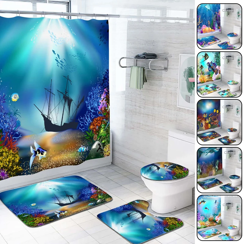 

4 Pcs /Set 3D Ocean Sea Fish Dolphin Shower Curtain Bathroom Rug Set Non-Slip Bath Mat Toilet Lid Cover Toilet Mat Set