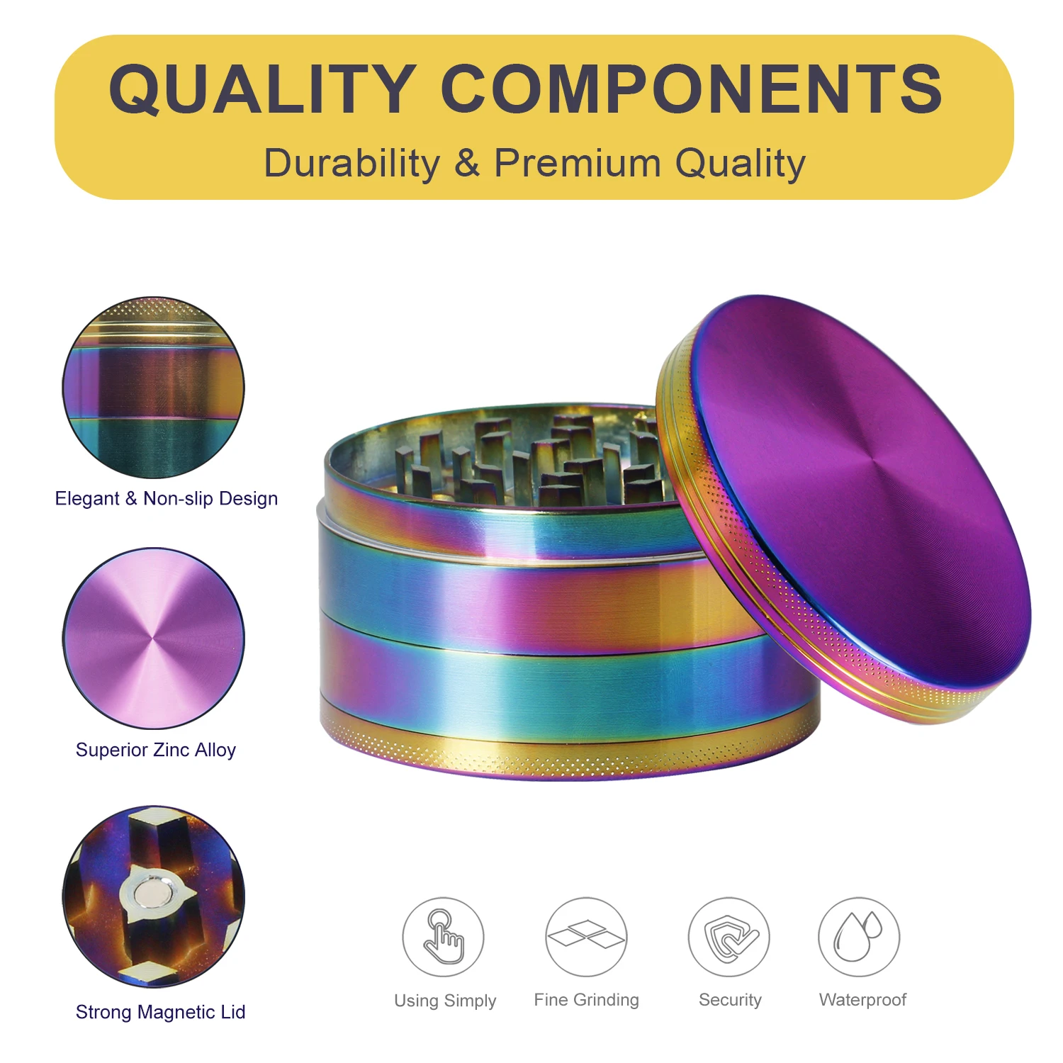 4 Layer Kitchen Spice Herb Grinder Portable Rainbow Aluminum Alloy Grinder With Storage Bag 3.0 Inch Colorful