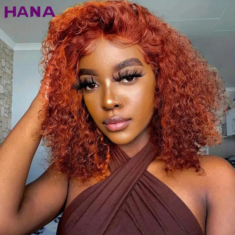 

Ginger Orange Colored Kinky Curly Bob Wig 13x4 Lace Frontal Bob Wig Pre-Plucked Curly Bob Human Hair Wig For Women 180% Density