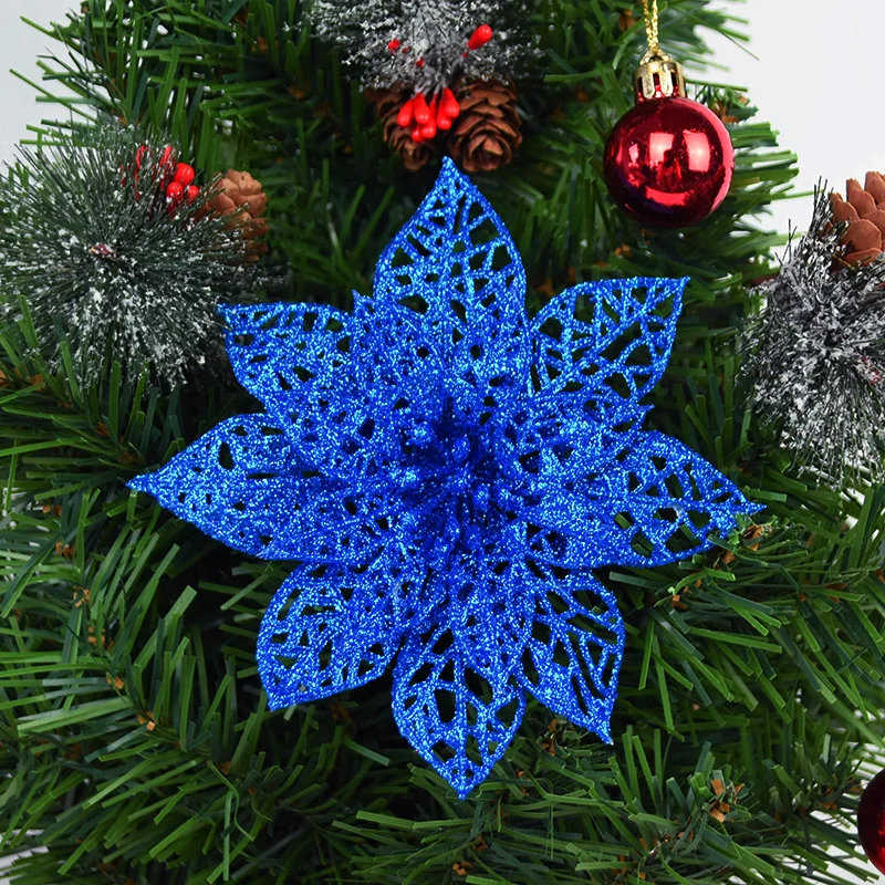 thumbnail image 1 of 5 piezas de flores artificiales con purpurina para Navidad, decoración para árbol de Navidad, flores falsas para el hogar, adorno navideño, decoración para fiesta de Año Nuevo, 1 of 5