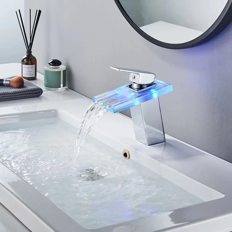 

Hot & Cold Lavotory Basin Mixer Water Tap LED Luminous Color Changing Hydro Power Black Waterfall Basin Faucet Stainless Steel