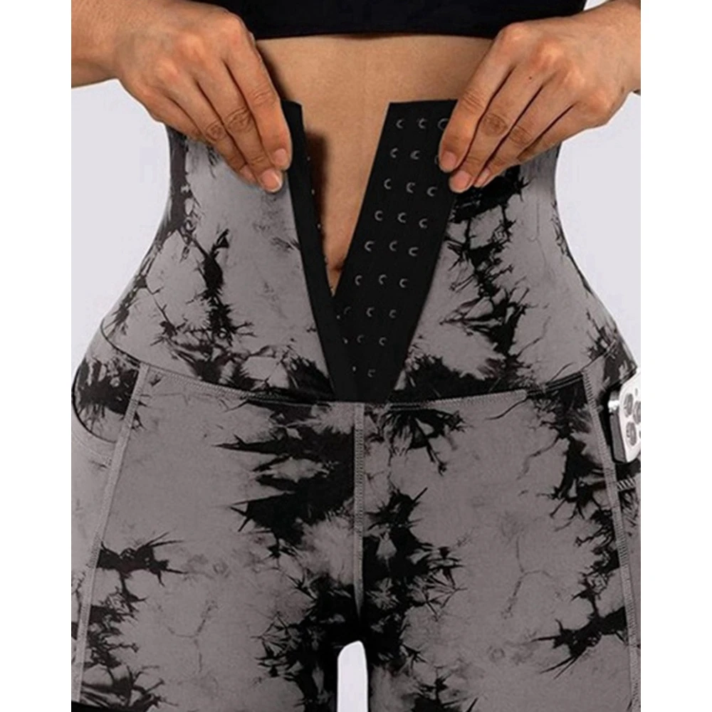 Summer New Fashion Women Tie Dye Print High Waist Shorts Female Casual Tummy Control Butt Lifting Pocket Design Active Shorts