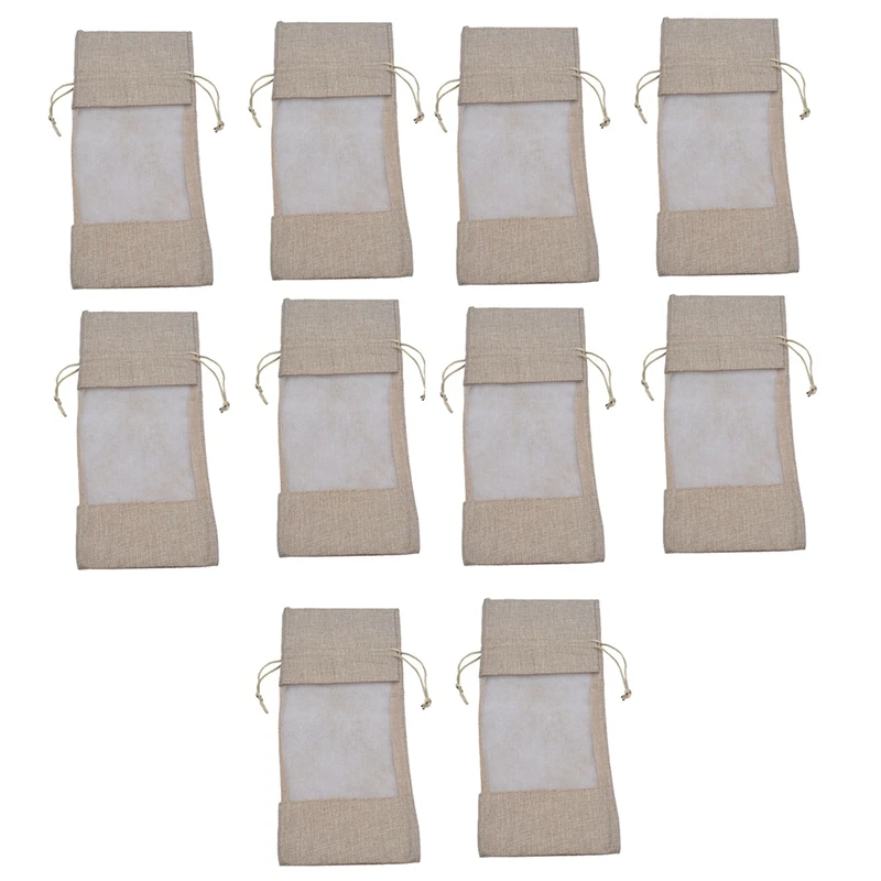 

10Pcs Burlap Wine Bottle Bags Wine Bags With Sheer Window Hessian Drawstring Gifts Bags For Wine Tasting Party Favors Durable