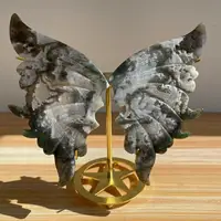 13-15cm Natural Energy Moss Agate Hand-Carved Butterfly Wings Home Decoration Gift Natural quartz crystal ++++ send bracket 2