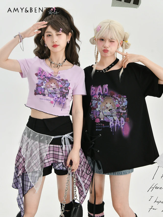 Original Y2K Sweet Cool Girlfriends Top Summer New Sweet Cartoon Printed Short Sleeve T-shirt Harajuku Hot Girl Graphic T Shirts