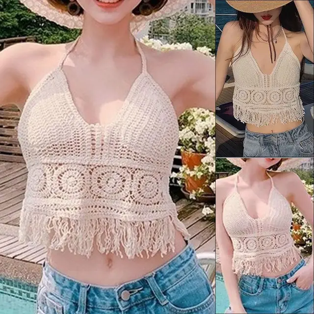 Femmes Crochet haut à licou été plage tricot réservoir court frange Boho à lacets dos nu Cami Blouse Festival vacances porter 1
