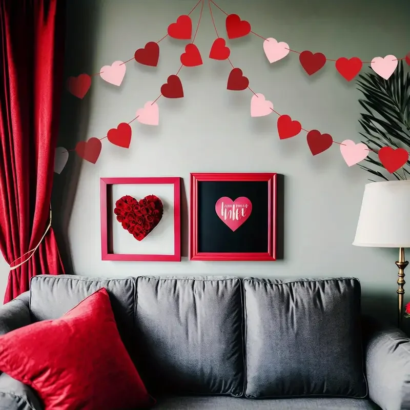 Valentine's Day DIY Felt Heart Garland Pre-Assembled Hanging Decor, Romantic Party Supplies for Birthdays & Home Accents