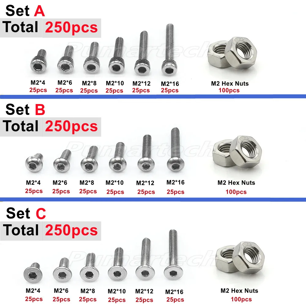 High-quality 250pcs M2(2mm) A2 Stainless Steel Allen Bolts Hex Button Flat Socket Head Cap Screws With Nuts Set Combination