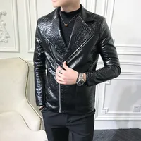 New Crocodile Patterns Leather Jacket men's solid lapel Slim Fit PU Coats Casual Blazer Leather Jacket Motorcycle  Outwear 2