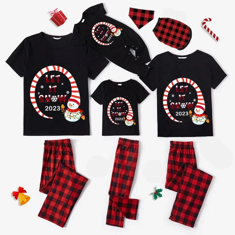 

2023 Christmas Matching Family Pajamas Snowman Let It Snow Black Short Pajamas Set