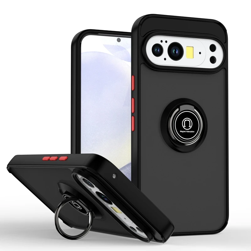 Armor Shockproof Magnetic Phone Case with Ring Holder - Matte Finish & Camera Lens Protection