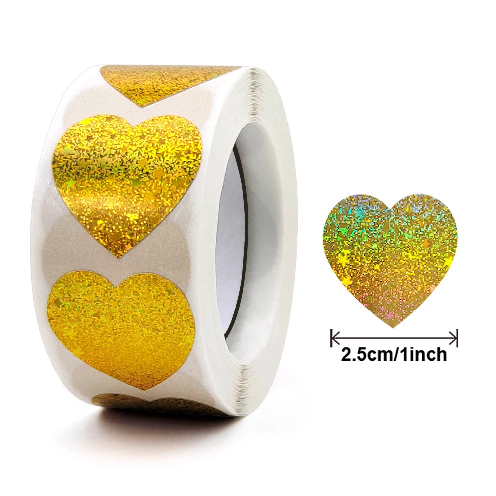 500 قطعة من ملصقات القلب بالليزر الذهبي مقاس 1 بوص...
