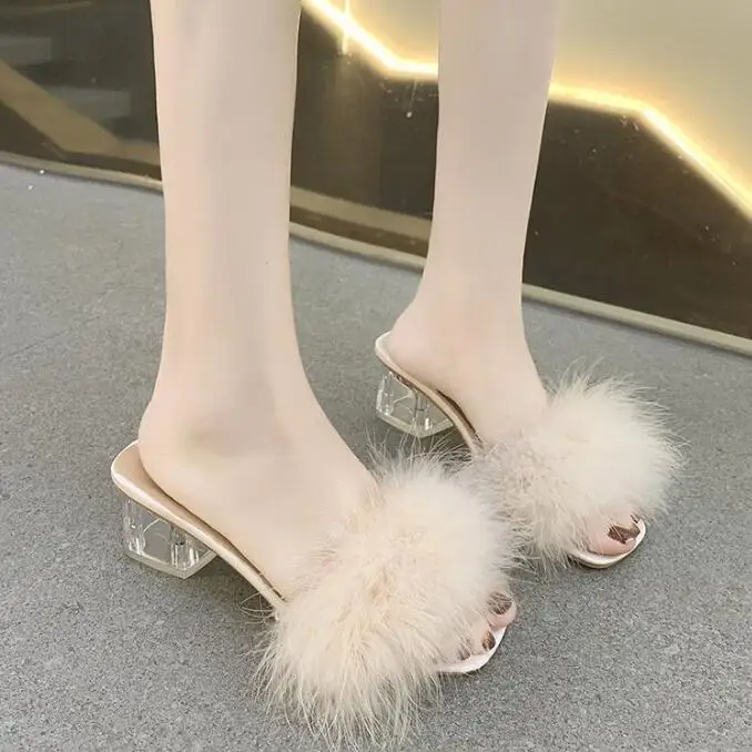 

2023 New Woman Shoes Transparent Crystal High Heels Woman Feather Fur Slippers Pumps Women Peep Toe Lady Cute Plush Slippers