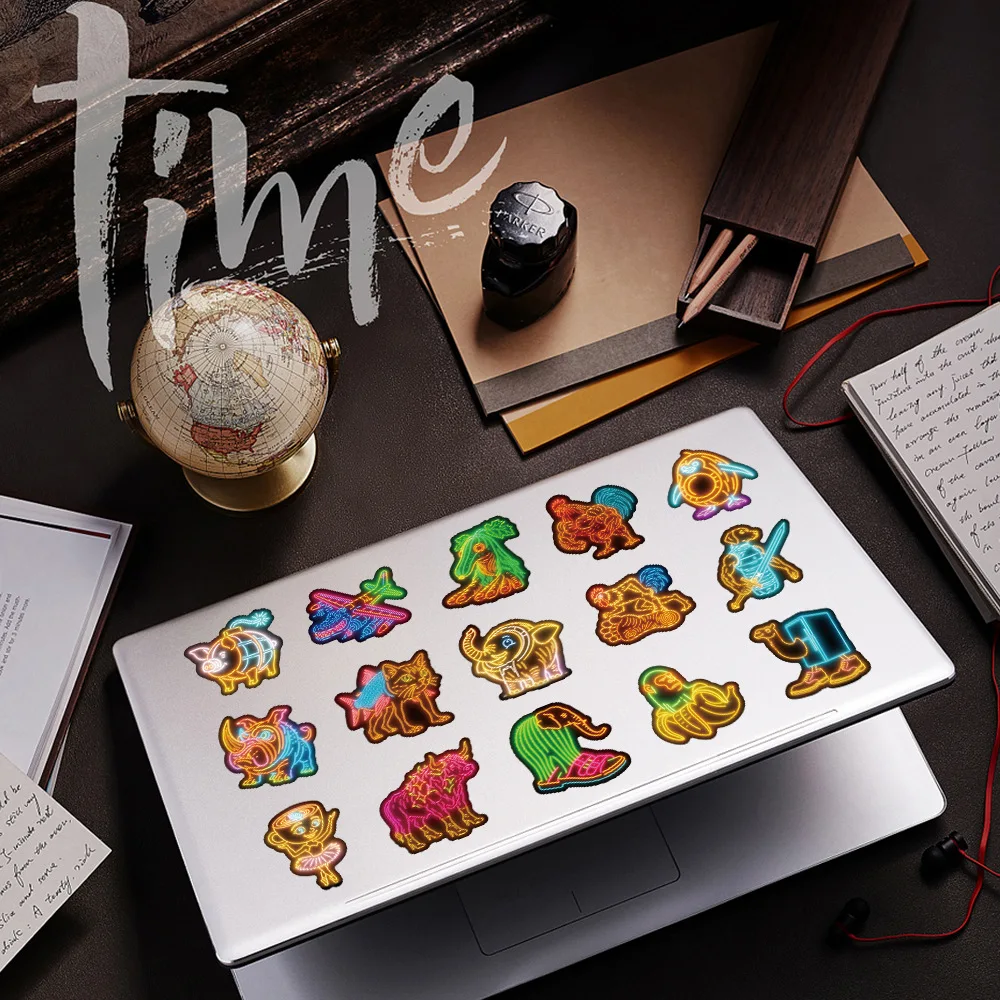 Neon Abstract Animal Stickers 50Pcs Tung Tung Sahur Italian Brainrot Animals Cartoon Decal DIY Luggage Phone Cup Guitar Stickers