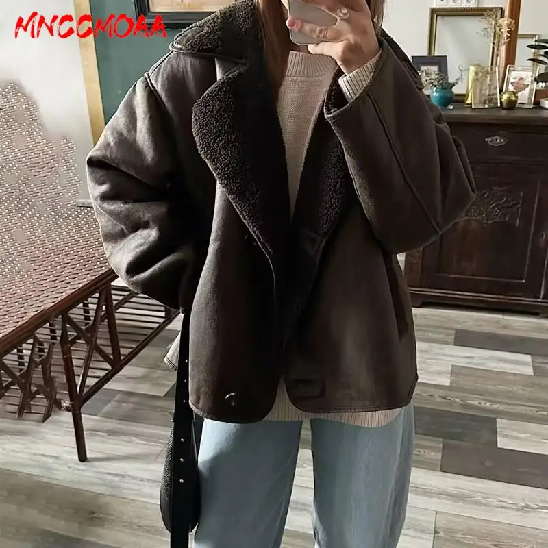 MNCCMOAA 2023 High Quality Winter Women Vintage Long Sleeve Warm Faux Fleece Jacket Coat Female Casual Solid Pocket Outwear Tops 5