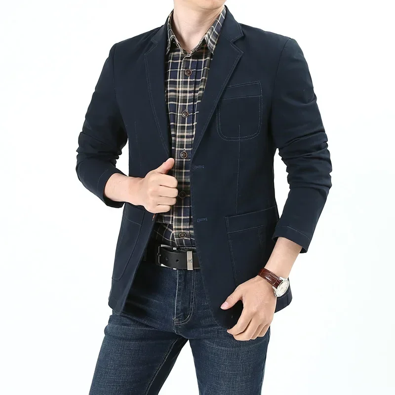 HOO New Men's Casual Denim blazer Stretch Loose Double Button
