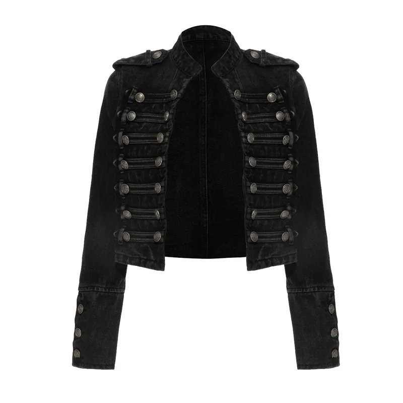 

Women's Black Moto Washed Denim Jacket Distressed Buttons Decor Fashion Coat