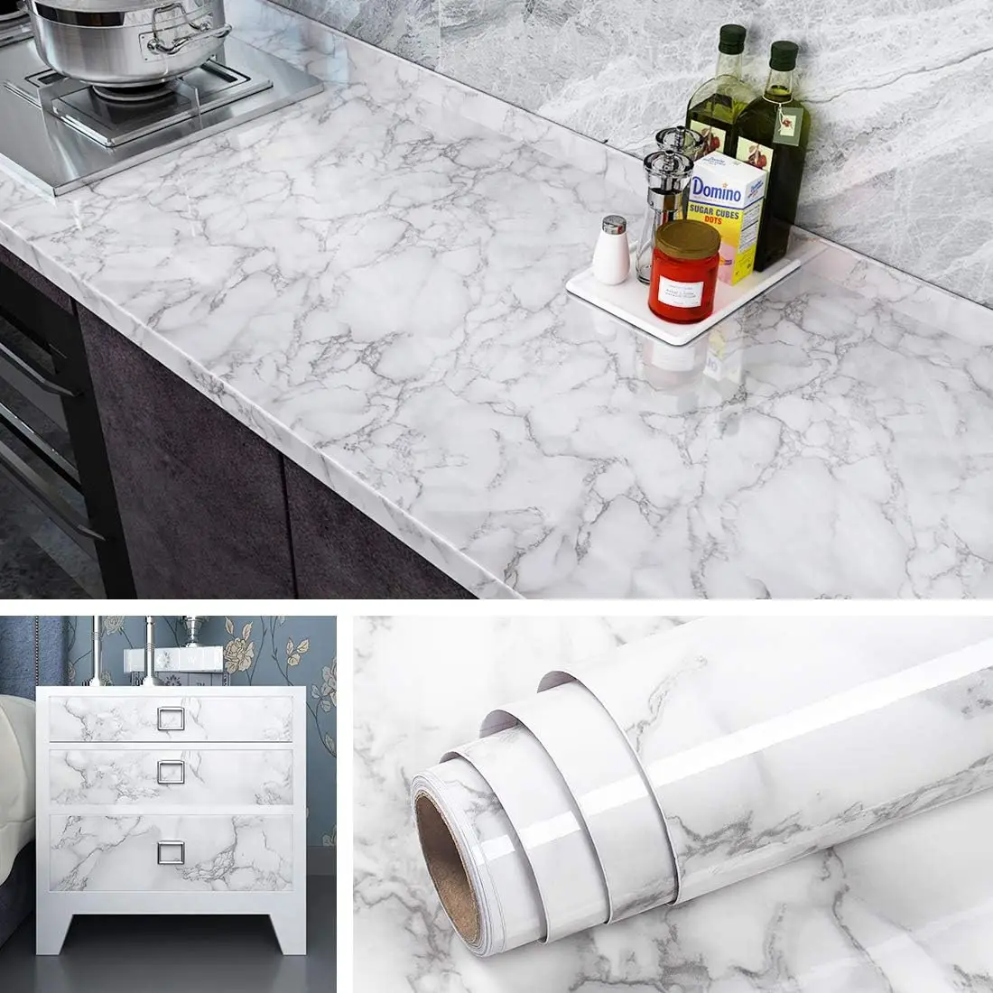 Marble Kitchen Oil-Proof Film Stove Waterproof Moisture-Proof Self-Adhesive Wallpaper Countertop Cabinet Renovation Tile Sticker 6