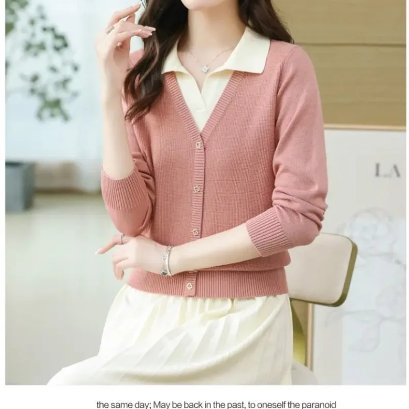 

Autumn and Winter Women's Pullover Lapel Single Breasted Solid Color Screw Thread Splice Rivet Lantern Sleeve Sweater Knit Tops