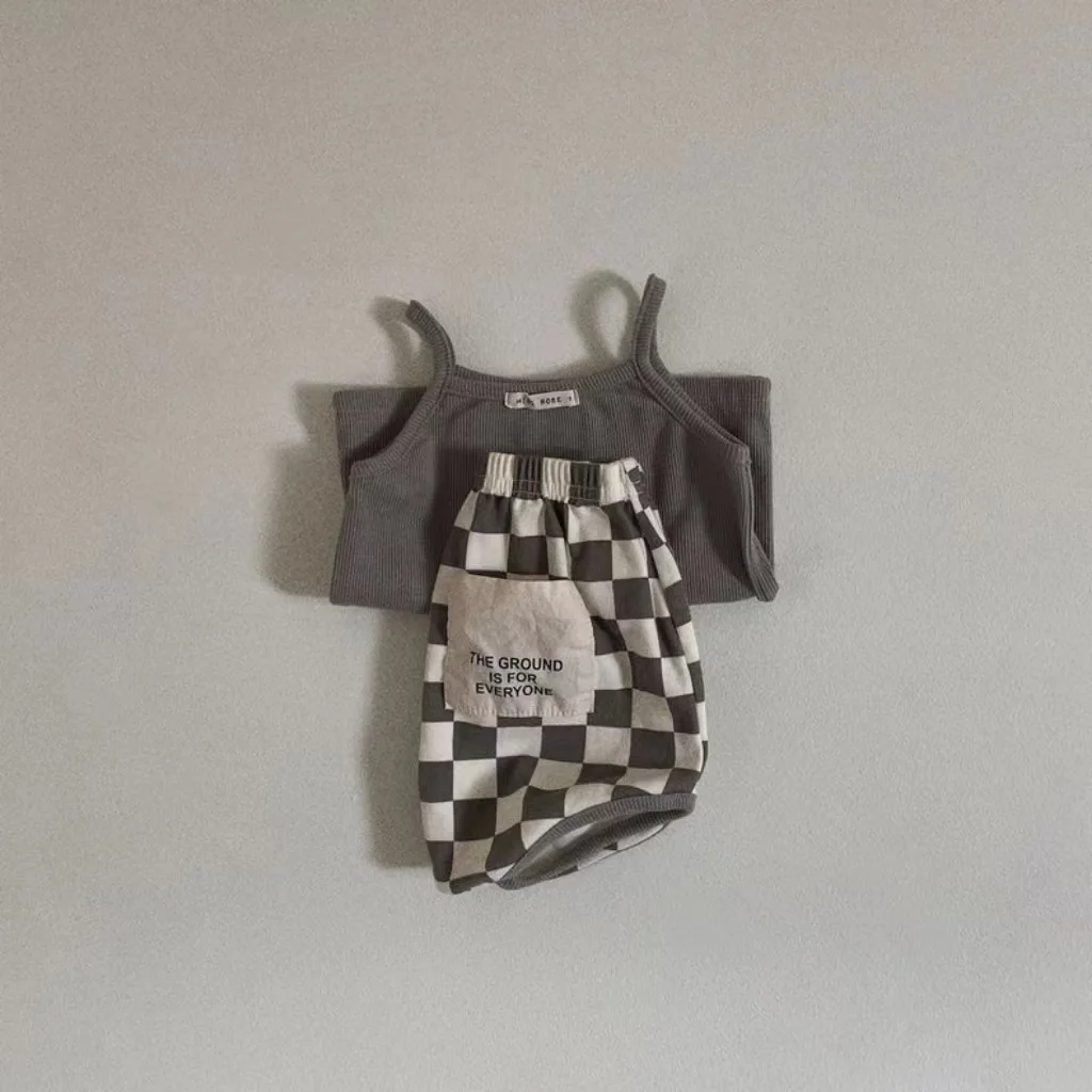 2025 Summer New Baby Sleeveless Sling Vest Set Boy Girl Infant Plaid Shorts 2pcs Suit Cotton Toddler Casual Clothes Outfits 4