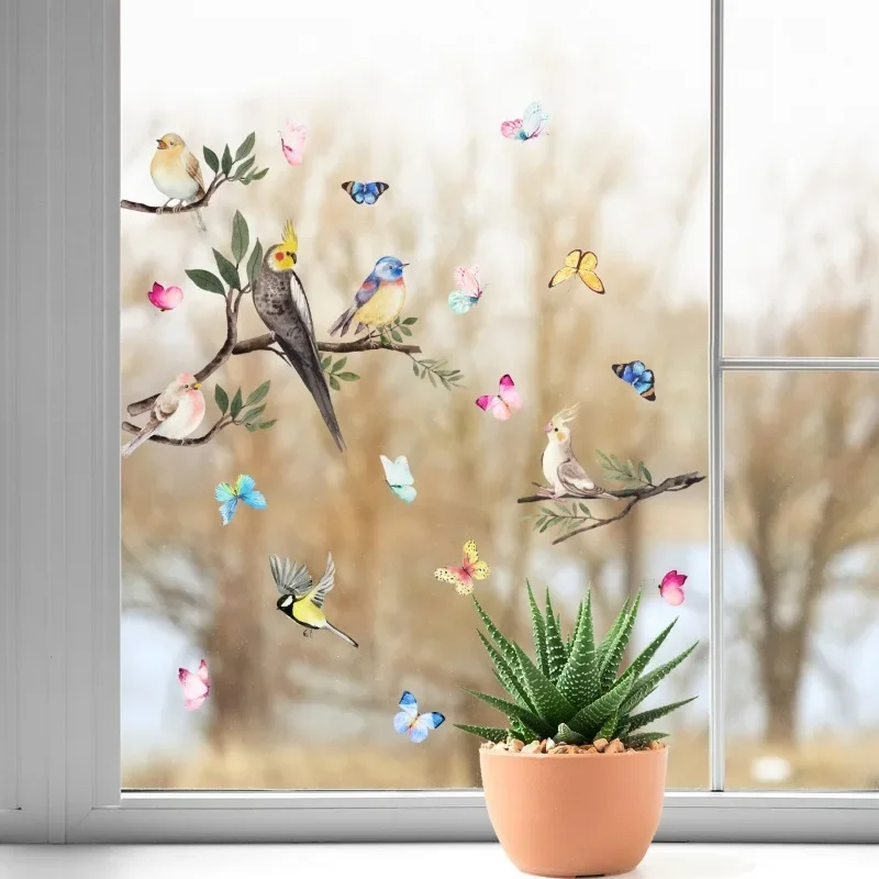 Tree Branch Bird Window Stickers Butterfly Glass Static Cling Films Kids Room Decor No Glue Vinyl Decals