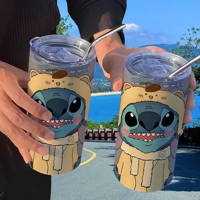 480Ml Kawaii Stitch Angel Couple Coffee Mug with Lid Straw Travel Portable  Cartoon Anime Water Bottle 304 Stainless Steel Cup