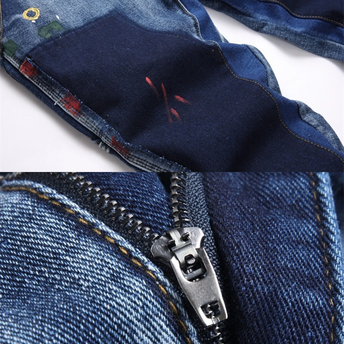 Splatted Ink Paint Dotted Jeans Men's Graffiti Popular Bleached Slim Fit Spotted Dotted High Elastic Ragged Edge Pants Splicing