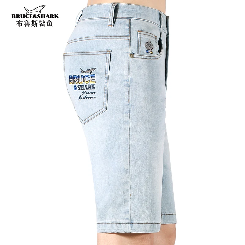Summer New Men's Light Blue Jeans Shorts Bruce&Shark Thin Stretch Soften Cotton Denim Shorts Men Classic Mid Rise Jeans