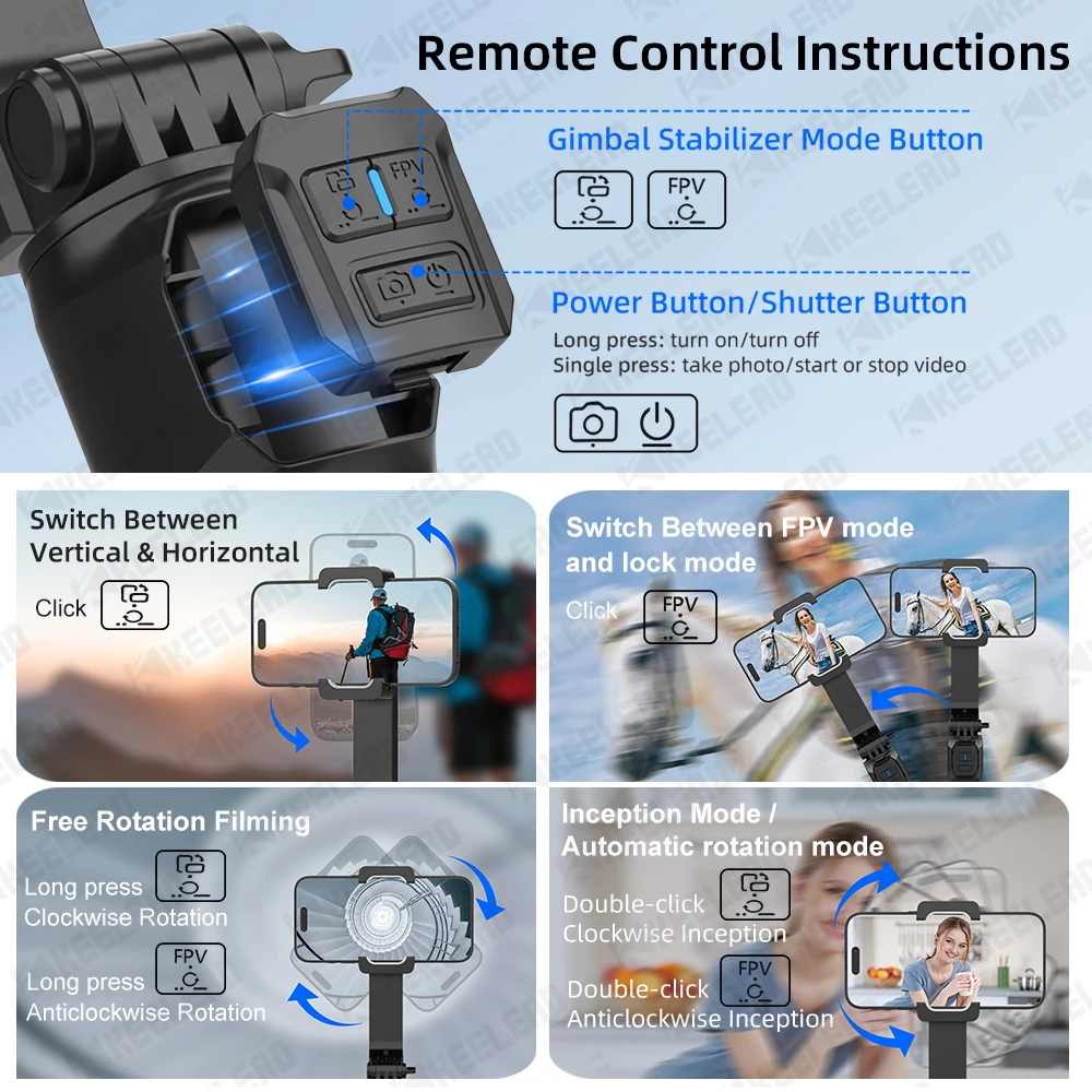 Selfie Stick Tripod Mobile Phone Stabilizer Stand Cell Phone Rechargeable Remote Control Action Camera Shoot