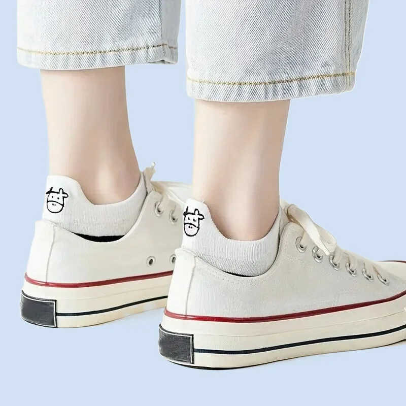 5 Pairs Womens Socks Creative Printing Socks Ankle Sock Lovely Cow Pattern Short Socks Casual Outdoor Indoor Cotton Socks