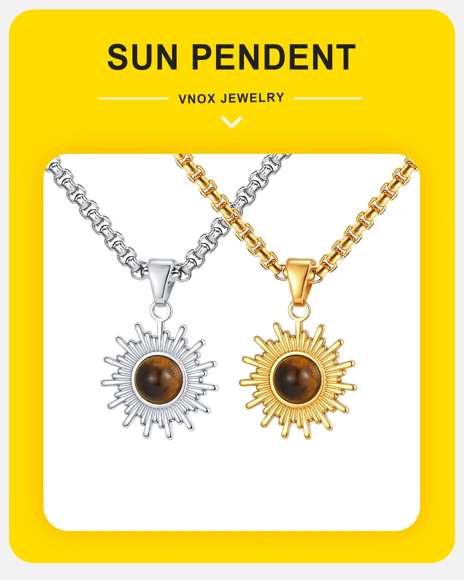Vnox 60cm Kastenkette mit Sonnenblumen-Anhänger, Tigerauge-Stein Silber Vergoldet Karabinerverschluss Schmuck Geschenk für Männer Frauen Neu – Detail 1