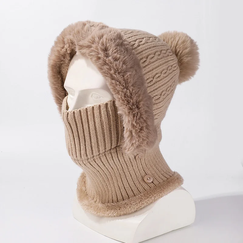 Winter Warm Fleece Lined Mask Beanies With Hairball Knitted Balaclava Hats Outdoor Cycling Windproof Hooded Neck Gaiter