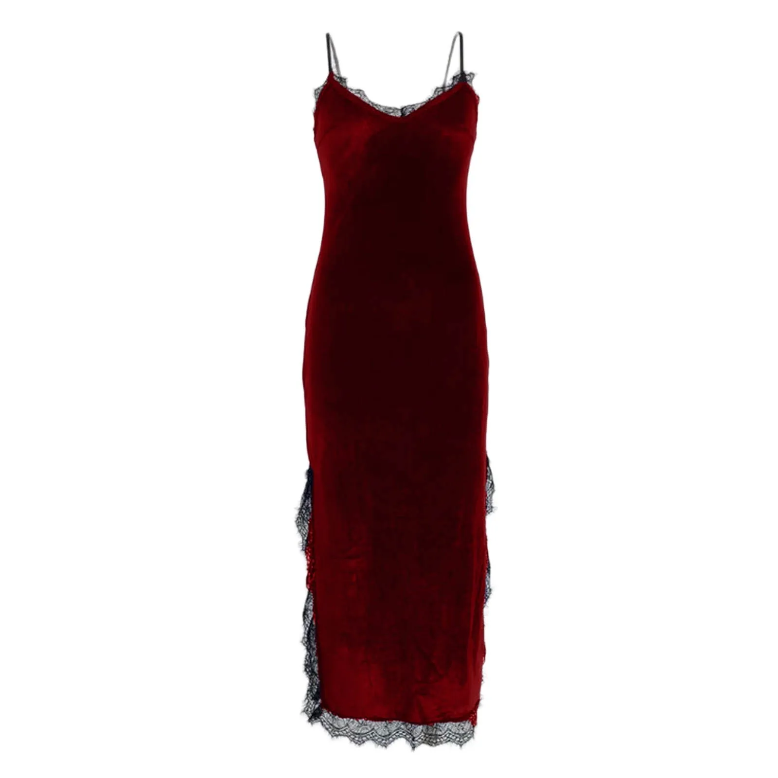 Velvet Night Dress Women Sleeveless Autumn Winter Lace Patchwork Sling Long Home Sleepwear Nightgown Dress Intimates Nightdress