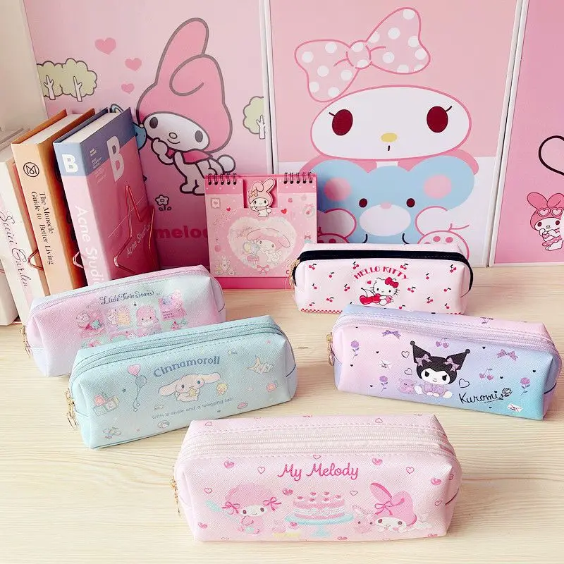 

Sanrio Double Pen Bag Hello Kitty Cinnamoroll Anime Kawaii Student Cute Large Capacity Zipper Stationery Storage Case Kids Toys